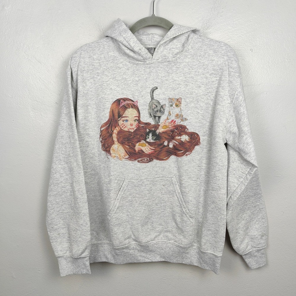 Popkiller Artist Series Cogumeli Kitty Pool Pullover Hoodie Size Small Gray Cats